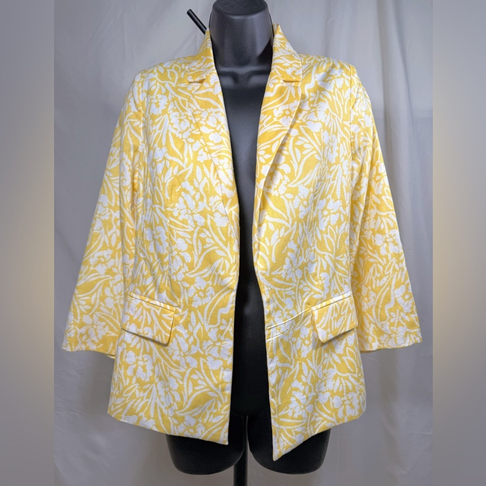 Skies Are Blue Blazer Women XS Yellow White Floral Lightweight Summer Jacket‎